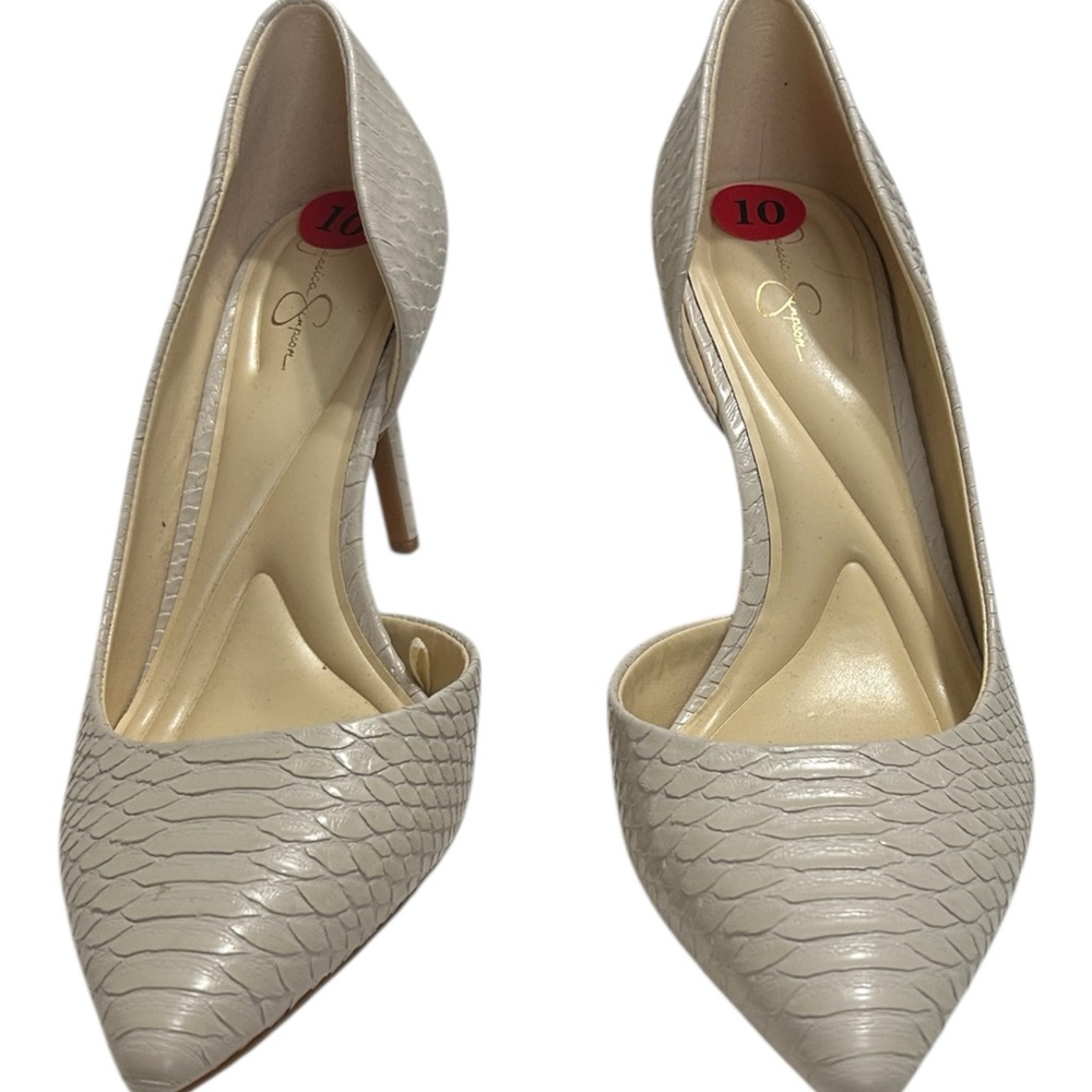 Jessica Cream Snakeskin Heels